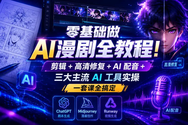 零基础做AI漫剧全教程！剪辑+高清修复+AI配音+三大主流AI工具实操，一套课全搞定-33资源网