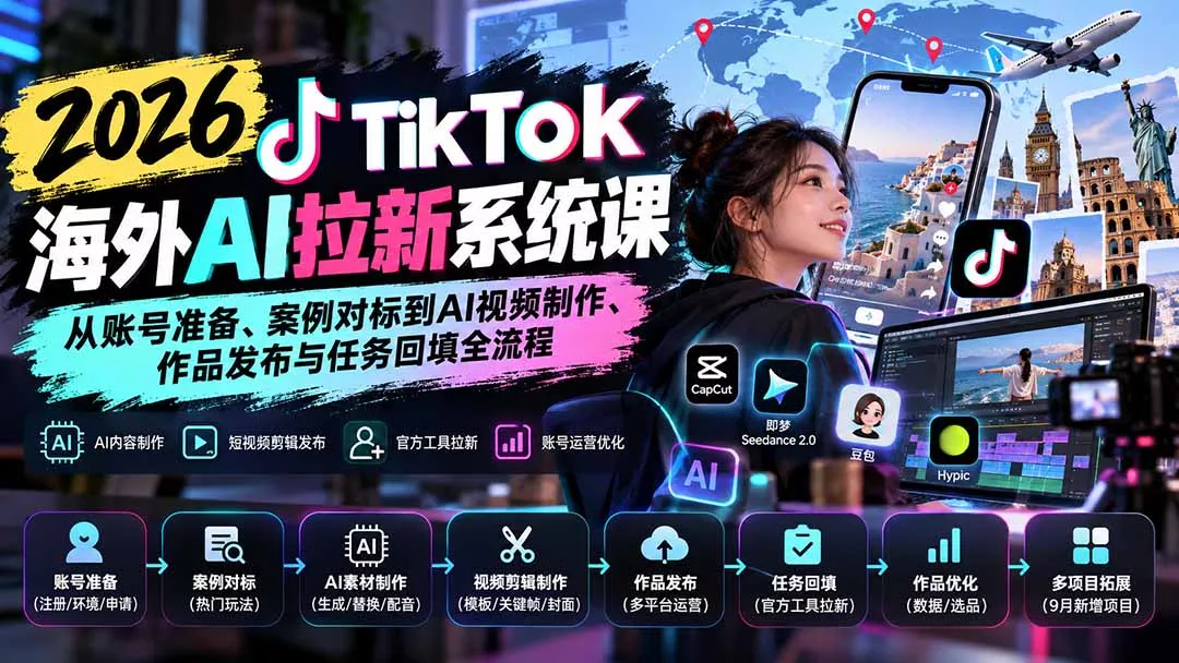 【无水印】2026 TikTok海外AI拉新系统课：从账号准备、案例对标到AI视频制作、作品发布与任务回填全流程-33资源网