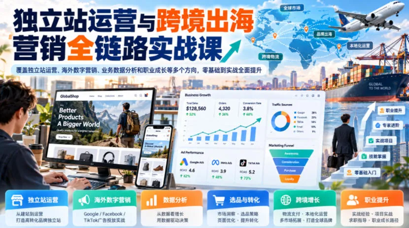 独立站运营与跨境出海营销全链路实战课,覆盖独立站运营、海外数字营销、业务数据分析和职业成长等多个方向,零基础到实战全面提升-33资源网
