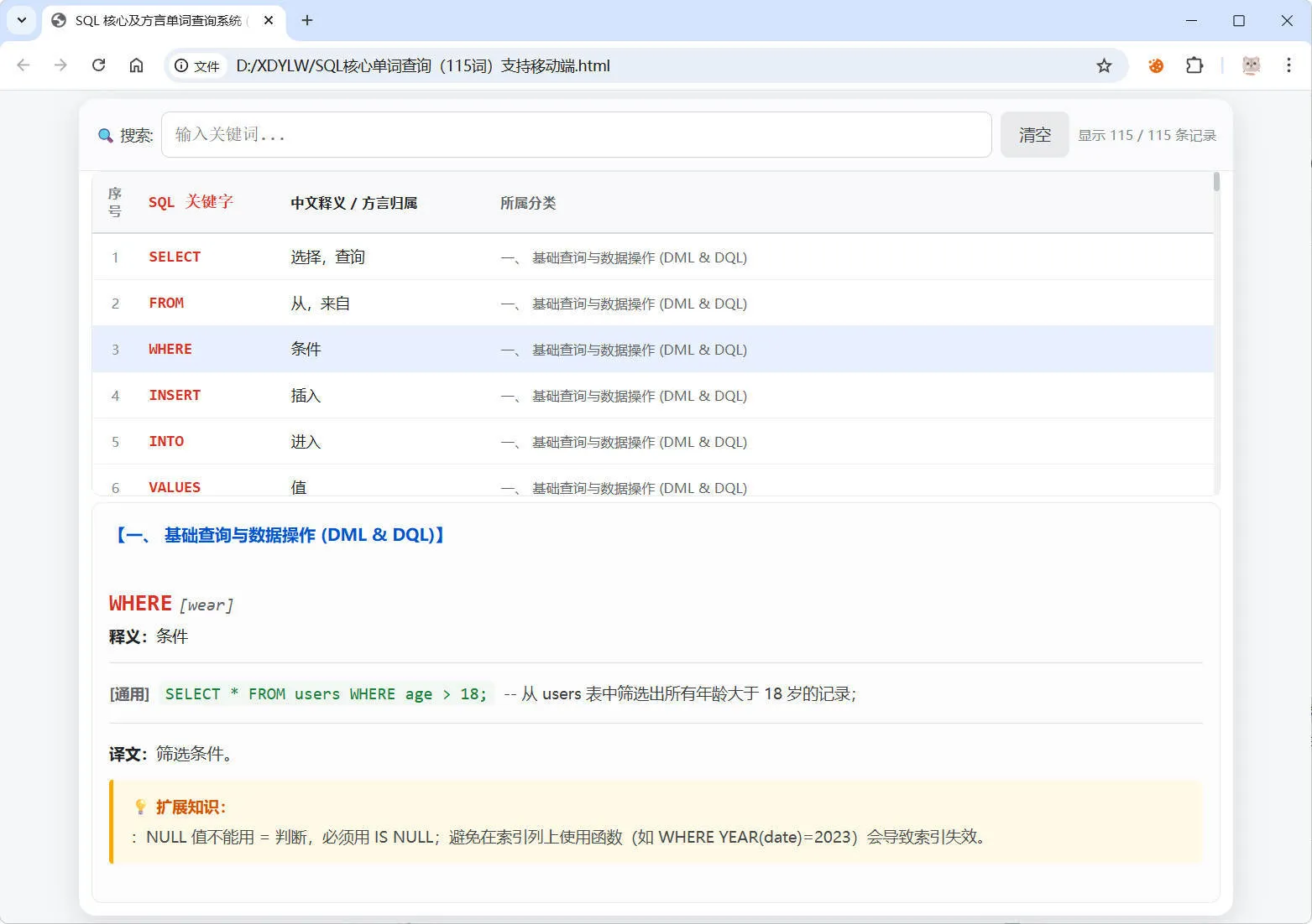 SQL常用核心单词查询115词html源码-33资源网