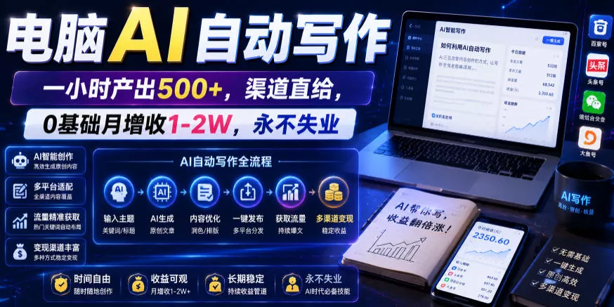 电脑AI自动写作,一小时产出500+,渠道直给,0基础月增收1-2W,永不失业【揭秘】-33资源网