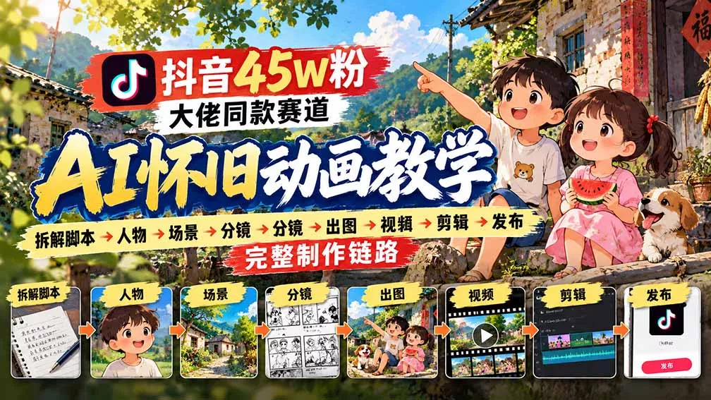抖音45W粉大佬同款赛道AI怀旧动画教学：拆解脚本→人物→场景→分镜→出图→视频→剪辑→发布完整制作链路-33资源网