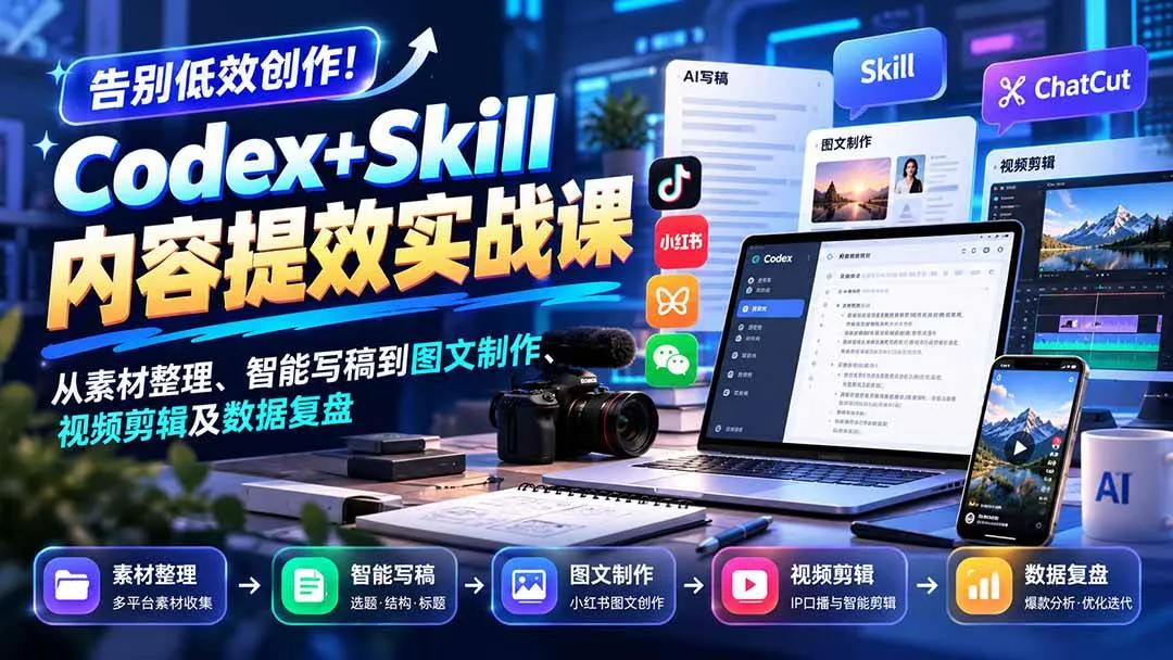 (20915期)【无水印】告别低效创作!Codex+Skill内容提效实战课:从素材整理、智能写稿到图文制作、视频剪辑及数据复盘-33资源网