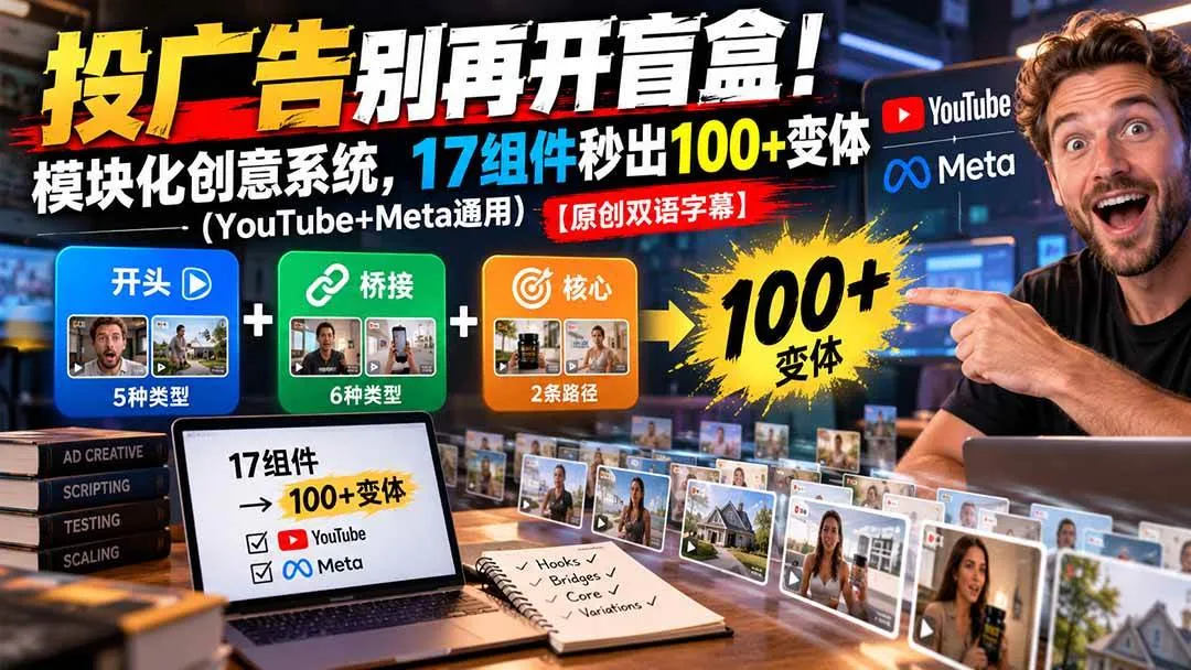 （20840期）投广告别再开盲盒！模块化创意系统，17组件秒出100+变体（YouTube+Meta通用）【原创双语字幕】-33资源网