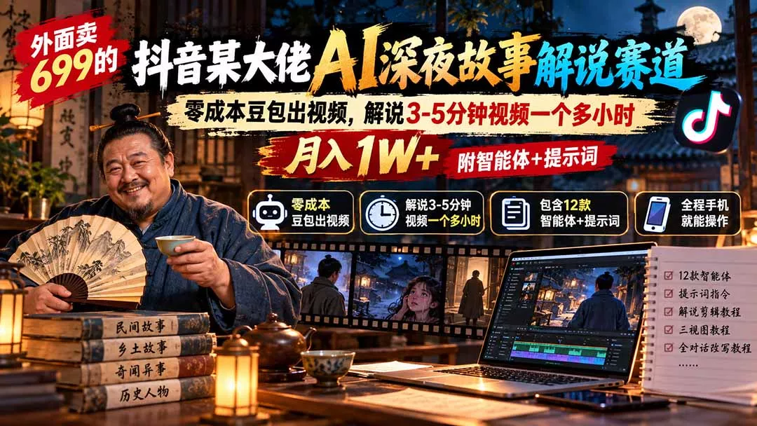 外面卖699抖音某大佬AI深夜故事解说赛道-更新:0成本豆包出视频+解说3-5分钟视频一个多小时,月入1W+附智能体+提示词 外面卖699抖音某大佬AI深夜故事解说赛道-更新:0成本豆包出视频+解说3-5分钟视频一个多小时,月入1W+附智能体+提示词