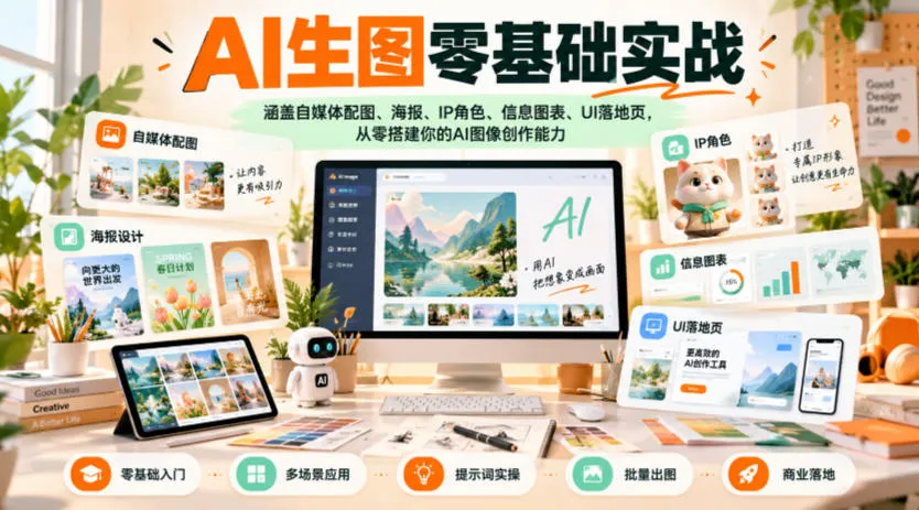 AI生图零基础实战，涵盖自媒体配图、海报、IP角色、信息图表、UI落地页，从零搭建你的AI图像创作能力-33资源网