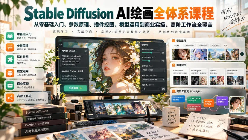 【无水印】Stable Diffusion AI绘画全体系课程，从零基础入门、参数原理、插件控图、模型运用到商业实操、高阶工作流全覆盖-33资源网