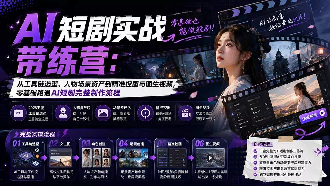 AI短剧实战训练营:从工具链选型、人物场景资产到精准控图与图生视频,零基础跑通AI短剧完整制作流程 AI短剧实战训练营:从工具链选型、人物场景资产到精准控图与图生视频,零基础跑通AI短剧完整制作流程