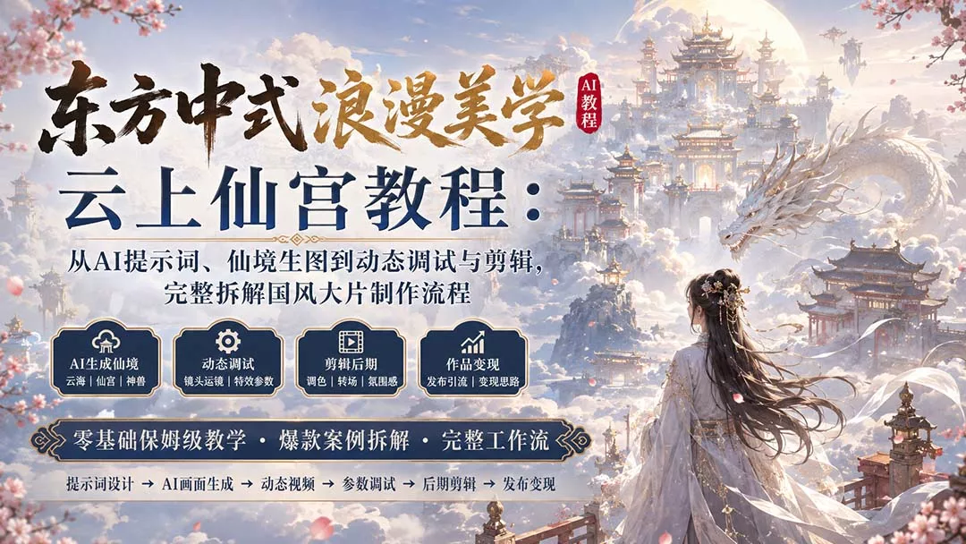 东方中式浪漫美学云上仙宫教程：从AI提示词、仙境生图到动态调试与剪辑，完整拆解国风大片制作流程-33资源网