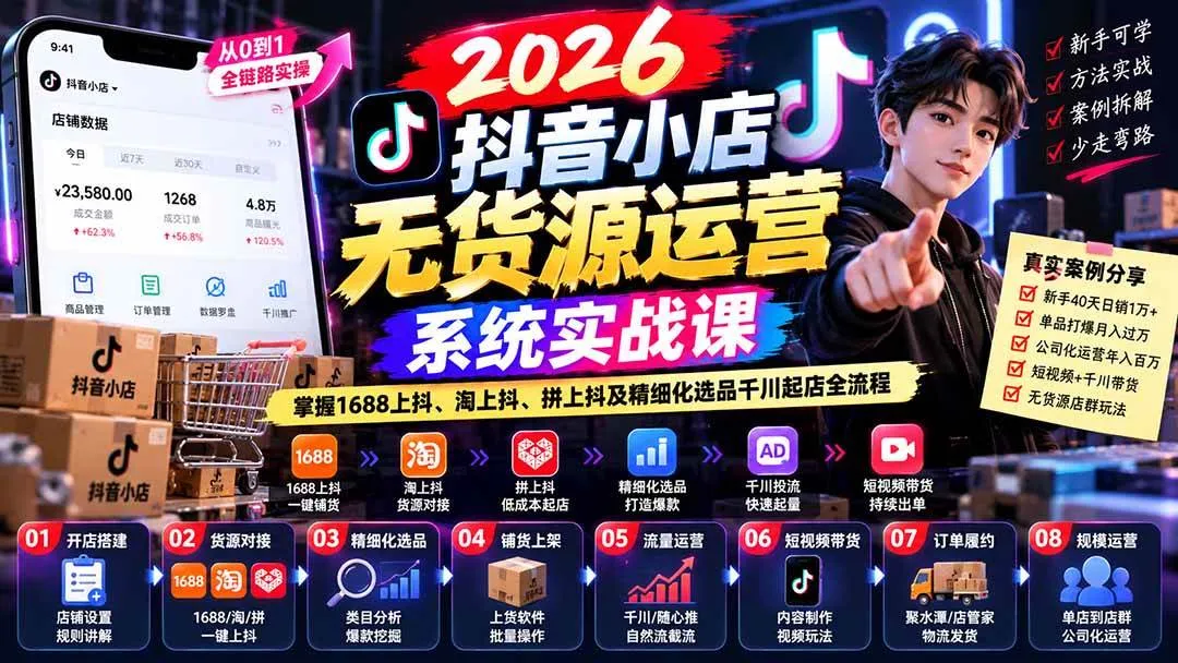 (20659期)2026抖音小店无货源运营系统实战课:掌握1688上抖、淘上抖、拼上抖及精细化选品千川起店全流程-33资源网