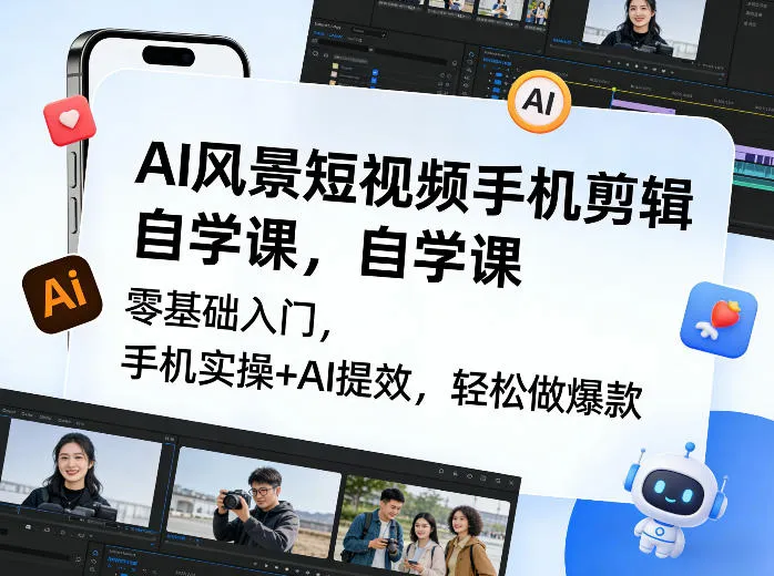 AI风景短视频手机剪辑自学课，零基础入门，手机实操+AI提效，轻松做爆款-33资源网